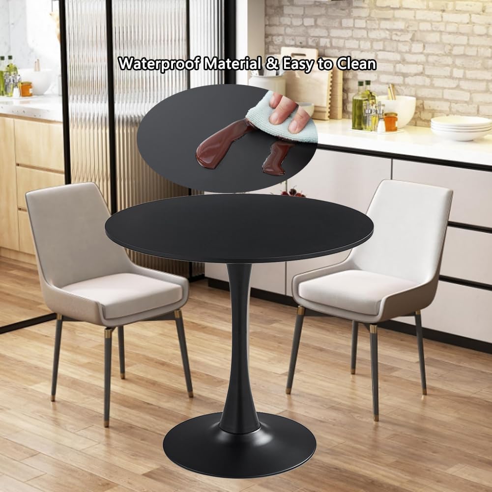 31.2" Tulip Dining Table, Black, Perfect for 2-4 People, Mid-Century Modern Style, Round MDF Top with Sturdy Base for Dining Room, Living Room, Cafe