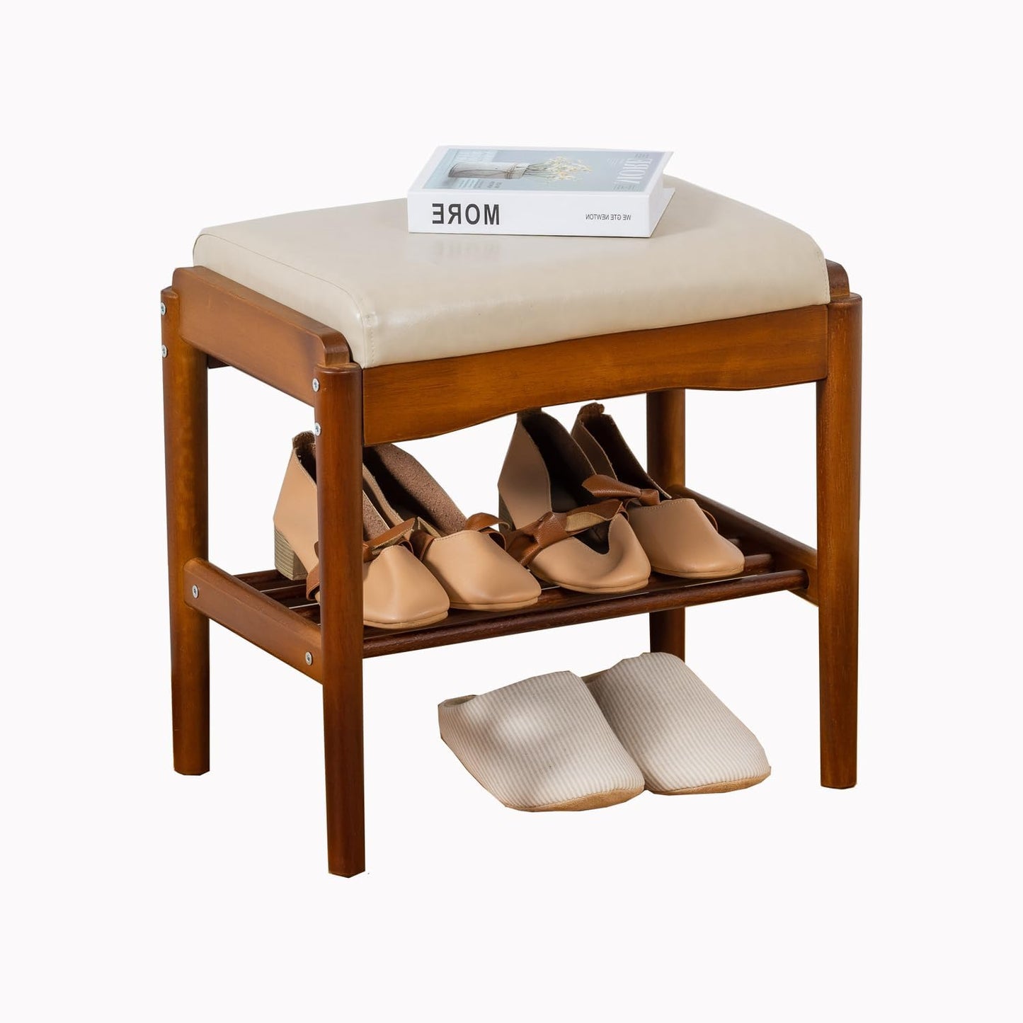latifolia Small Shoe Bench, Solid Wood Bench with Cushion, 2 Tier Shoe Storage Organizer for Entryway(Walnut,17.71''L)