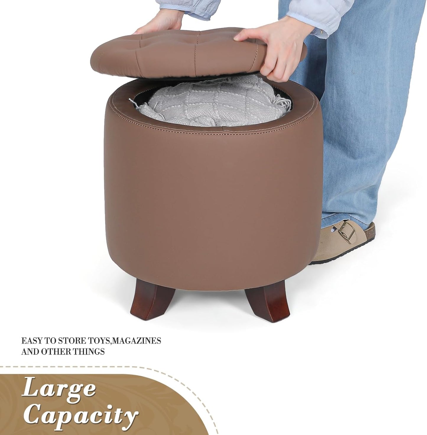 Athena Collection 15 Inch Small Ottoman with Storage, Round PU Leather Storage Ottoman Foot Rest with Removable Lid, Multipurpose Footstool Footrest for Living Room, Bedroom, Dorm, Brown