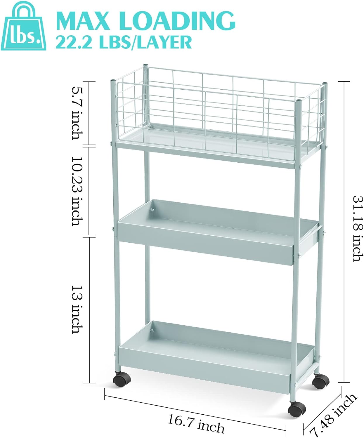 KINGRACK 3-Tier Rolling Utility Cart with Wheels, Metal Slim Storage Cart, Multifunctional Storage Organizer, Rolling Storage Cart for Kitchen, Office, Bathroom, Narrow Place, Mint Green