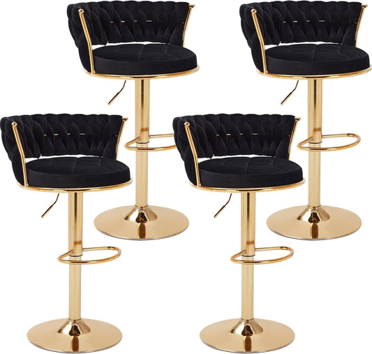 VECELO Bar Stools Set of 4, Modern-Contemporary Velvet Woven Counter Height Stools with Back and Arms, 360 Swivel Bar Chair, Black