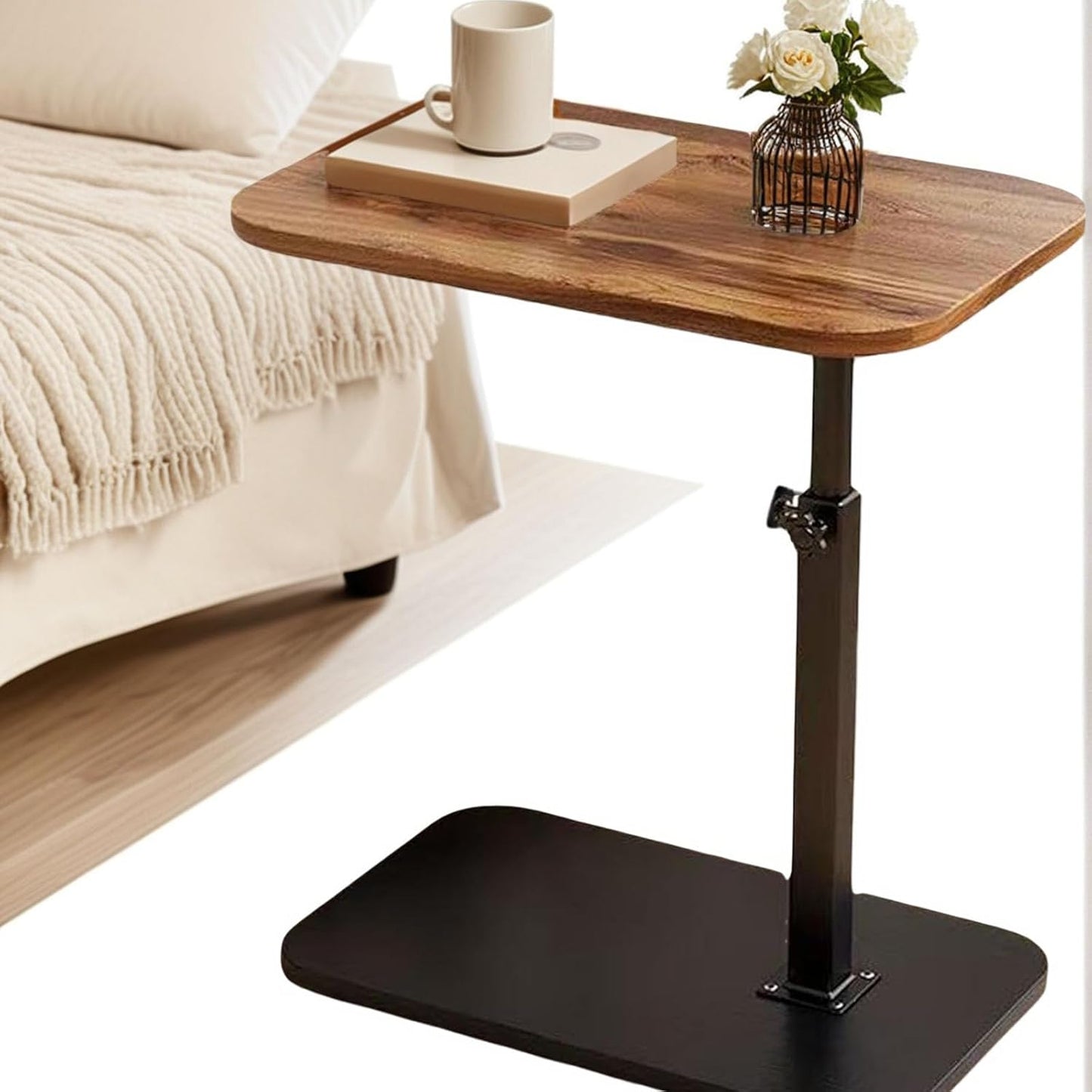 C End Table Adjustable Height,C Shaped Side Tables Living Room and Bedroom for Sofa, Chair,Bed,Coffee Small Spaces Side Table (Walnut Brown)