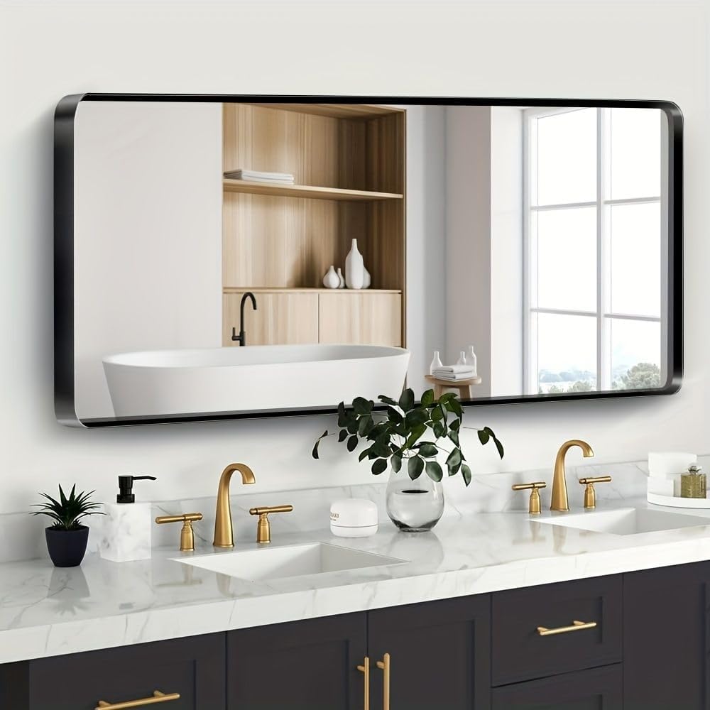 Black Bathroom Mirror 77X36 Inch, Black Metal Framed Mirror for Wall, Rounded Rectangle Matte Bathroom Vanity Mirror with Tempered Glass, Anti-Rust, Horizontal/Vertical