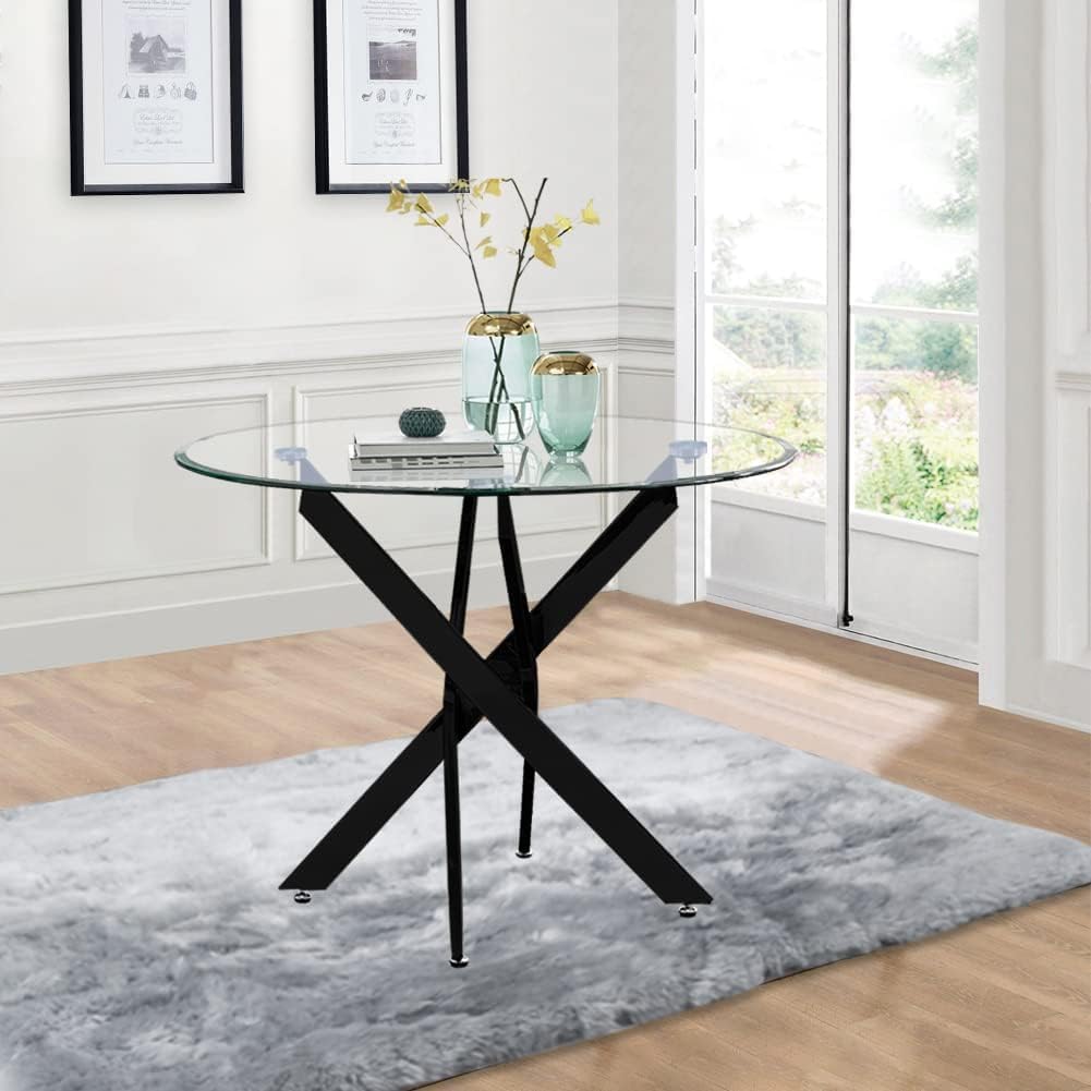 Glass Dining Table Modern Kitchen Table with Black Metal Legs 36 Inch Small Round Dining Table for Apartment Kitchen Dining Room