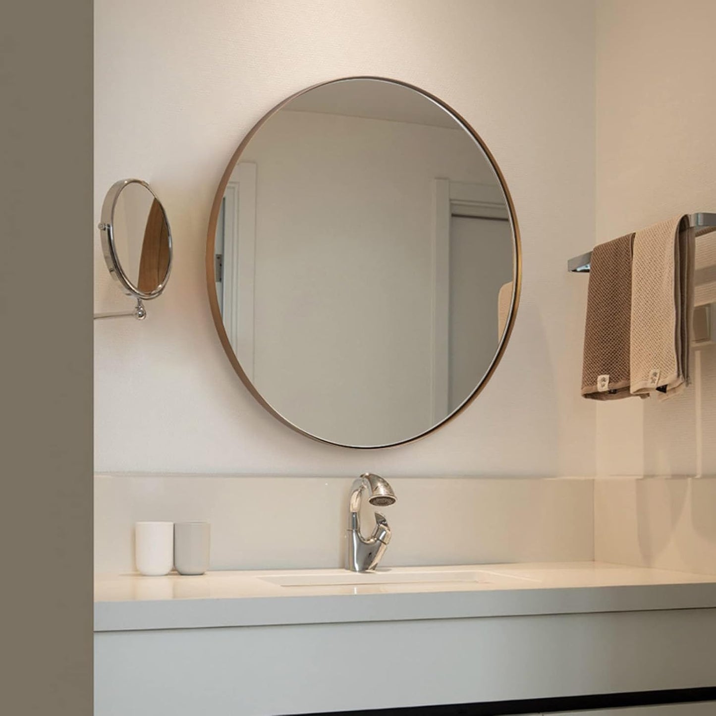 ANDY STAR Round Wall Mirror, 30 Inches Brushed Bronze Bathroom Mirror, Modern Vanity Mirror in Stainless Steel Frame