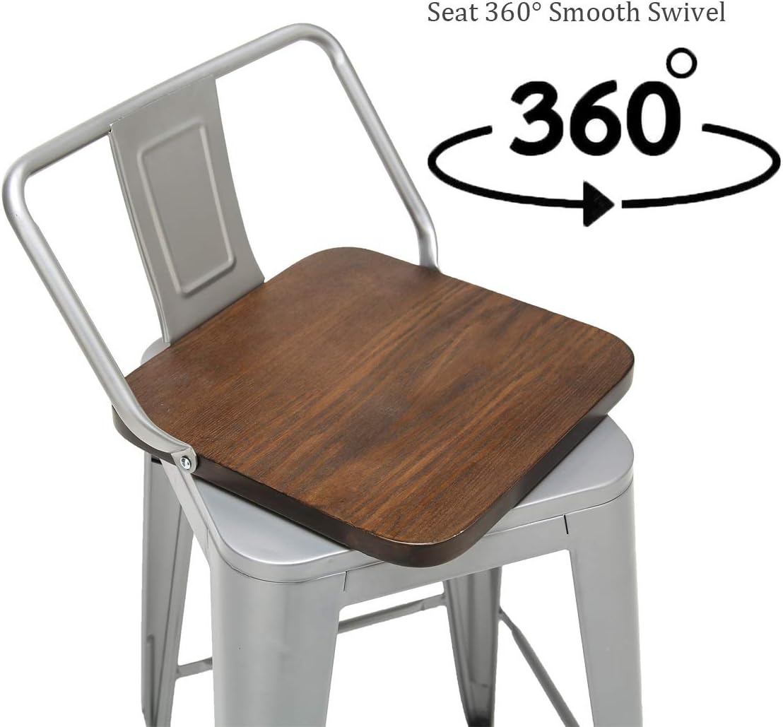 24 Inch Swivel Bar Stools Set of 4 with Backs Counter Height Industrial Metal Barstools Island Bar Chairs for Home Kitchen Dining Room (Swivel 24 inch, Silver Wooden)