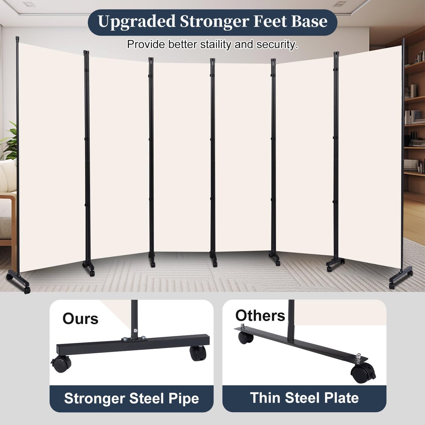 Room Divider Folding Privacy Screens with Lockable Wheels, 132'' Partition Room Dividers Freestanding Room Divider Fabric Panel for Room Separation, Wall Divider for Home Office Bedroom Dorm Decor