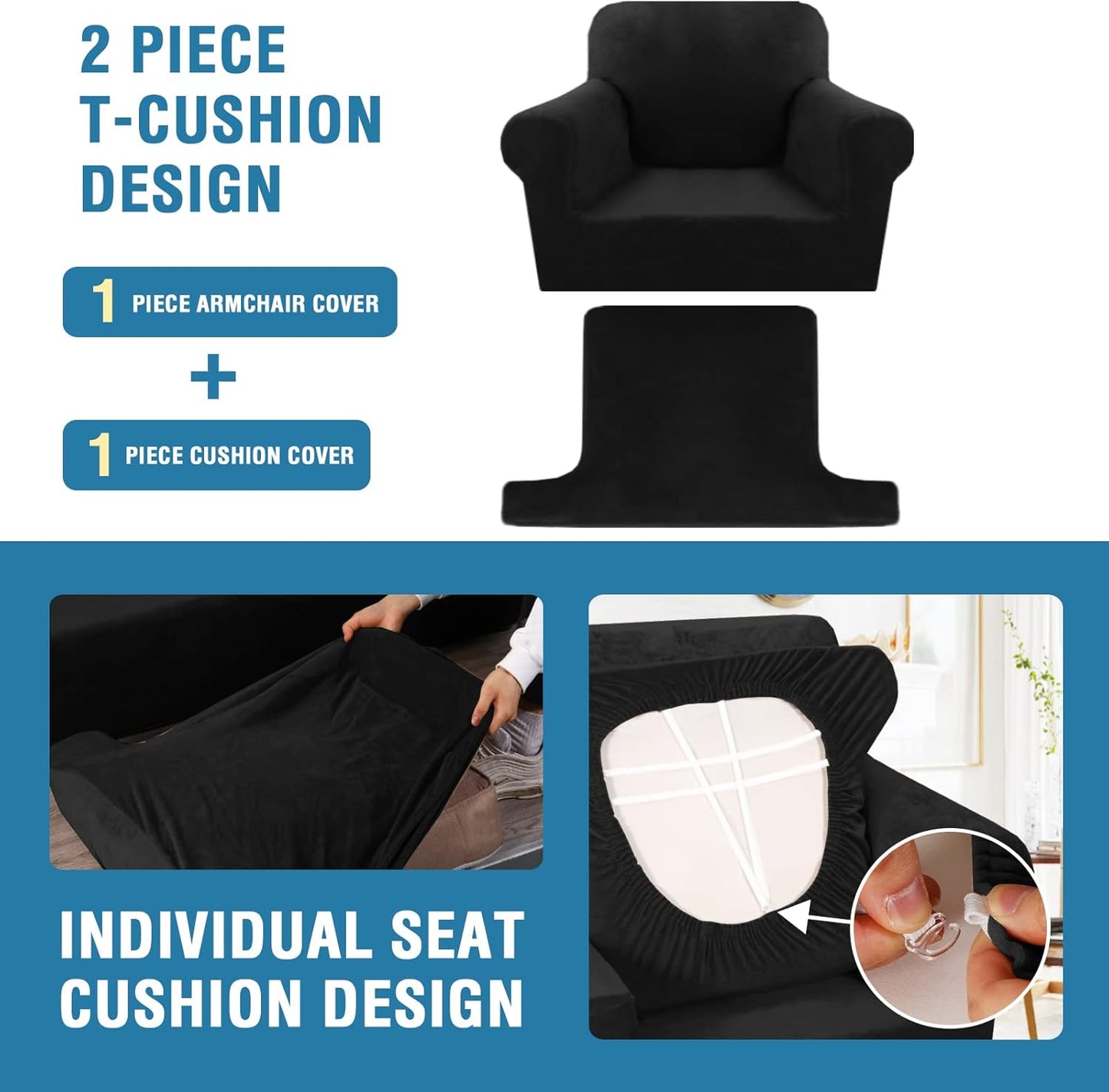 H.VERSAILTEX Sofa Cover 2 Piece T Cushion Armchair Slipcovers Thick Velvet Couch Cover Furniture Protector Stretch T Cushion Sofa Covers for 1 Cushion Couch with 1 Individual T Cushion Covers, Black