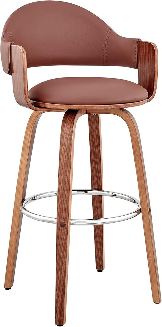 Armen Living Daxton Mid Century Modern Swivel Bar Stool for Kitchen Island Counter in Brown Faux Leather and Walnut Wood, 26" Seat Height