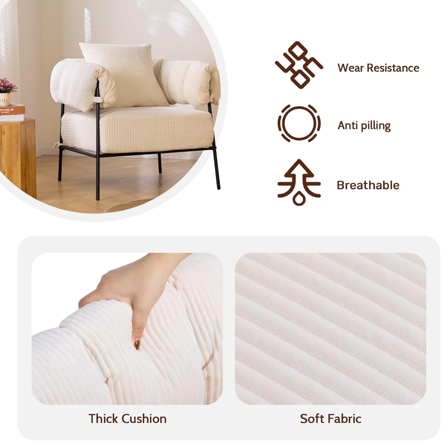 HollyHOME Modern Velvet Accent Chair, Upholstered Comfy Reading Chair, Fabric Large Lazy Arm Chair with Soft Cushion, Metal Frame Lounge Sofa Chair for Living Room, Bedroom, Balcony, Beige