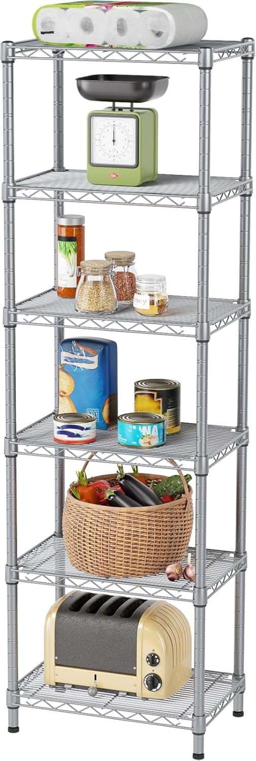 SINGAYE 6 Tier Shelf Wire Shelving Adjustable Storage Shelves Rack Standing Units for Kitchen Closet Laundry Bathroom Organizers Metal Pantry Narrow Mesh Gaps 10" D x 16" W x 60" H Gray