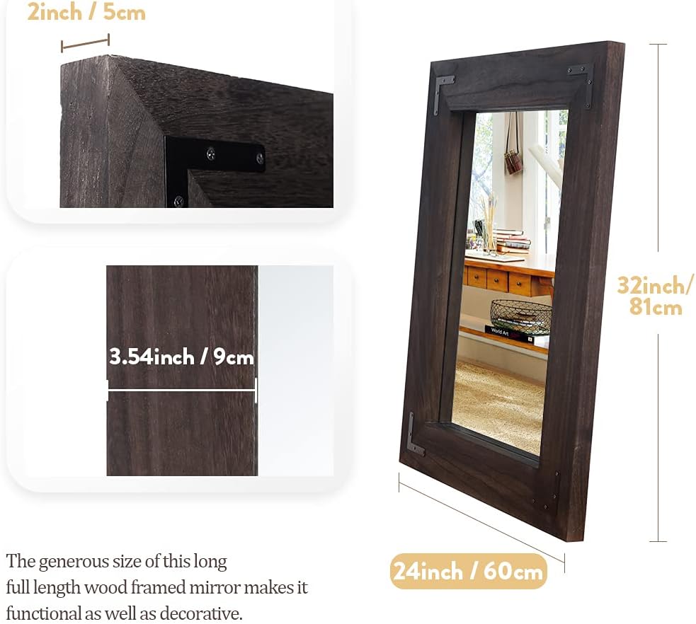 YOSHOOT Rustic Wooden Framed Wall Mirror, Natural Wood Bathroom Vanity Mirror for Farmhouse Decor, Vertical or Horizontal Hanging, 32" x 24",Black