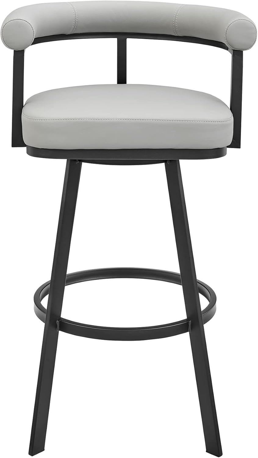 Armen Living Magnolia Swivel Counter Stool in Black Metal with Light Grey Faux Leather