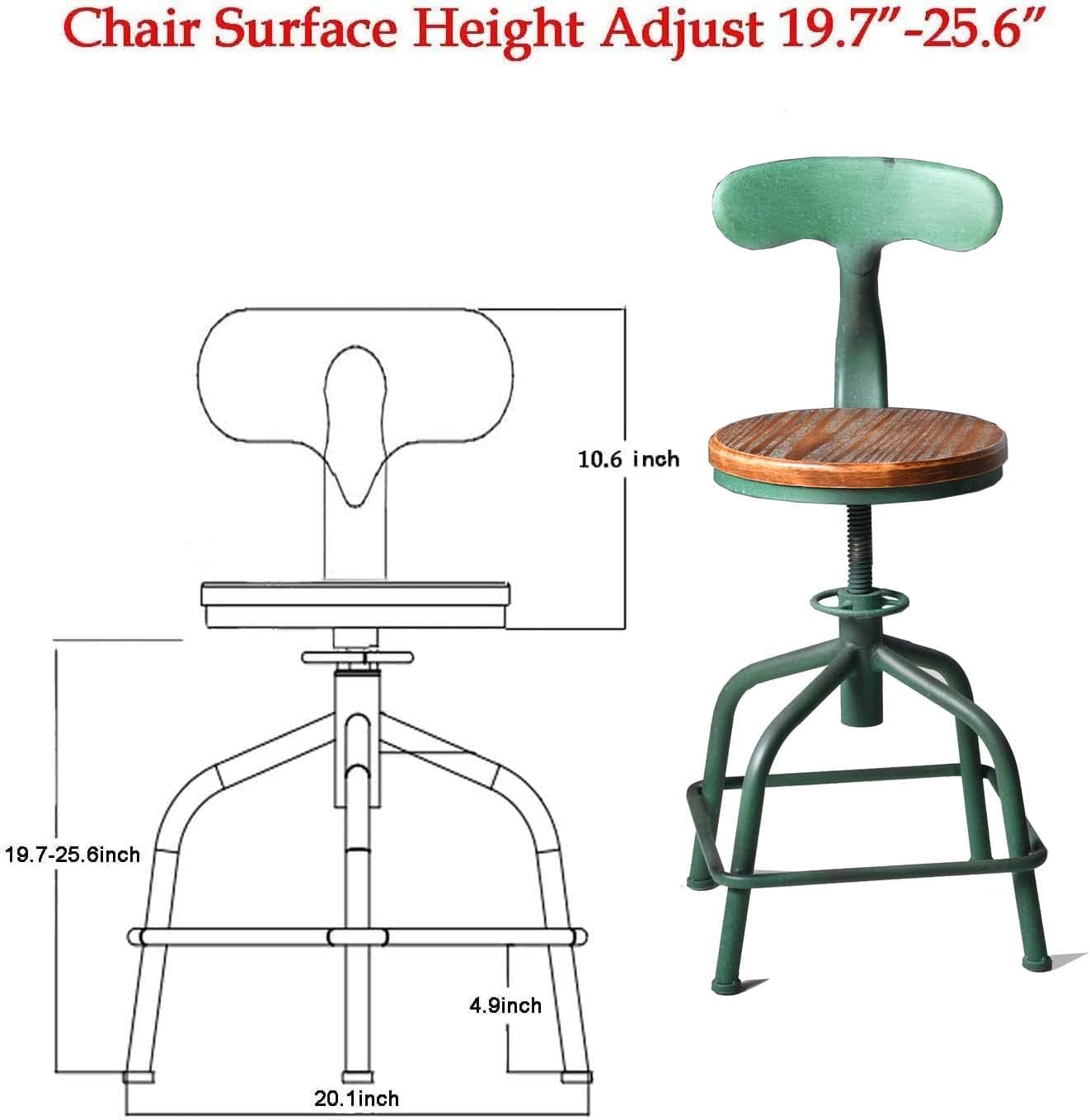 Topower Farmhouse Kitchen Stool, Industrial Counter Stool, Kitchen Deco Round Seat Standard Height Adjustable Swivel Bar Stools with Backrest Indoor House Design Iron Backrest Antique Green Set of 2