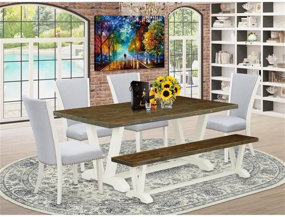 East West Furniture V077VE005-6 6 Piece Kitchen Table Set Contains a Rectangle Dining Table with V-Legs and 4 Grey Linen Fabric Parson Chairs with a Bench, 40x72 Inch, Multi-Color