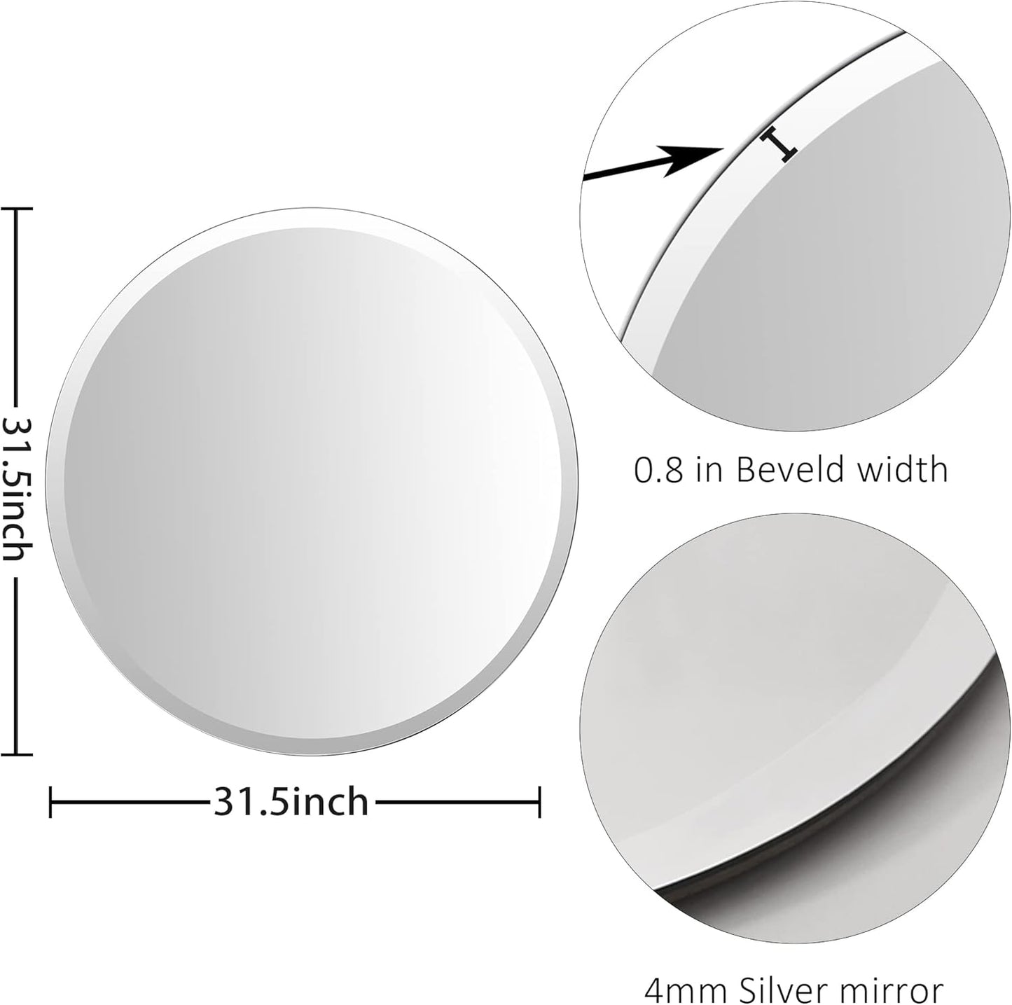 KOHROS Round Bathroom Mirror 32" x 32" Large Circle Mirror for Bathroom, Frameless Beveled Edge Mirror for Wall, Anti-Rust, Tempered Glass, Hallway & Home Decor (Silver)