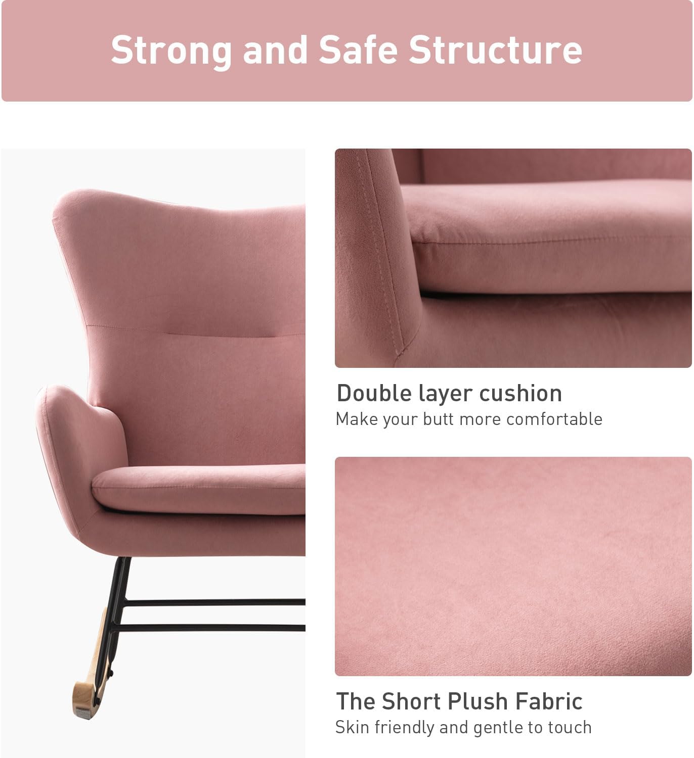 Phoenix Home Rocking Chair Nursery Velvet Upholstered Glider Rocker Rocking Accent Chair Padded Seat with High Backrest Armchair Comfy Side Chair for Living Room Bedroom Offices, Pink