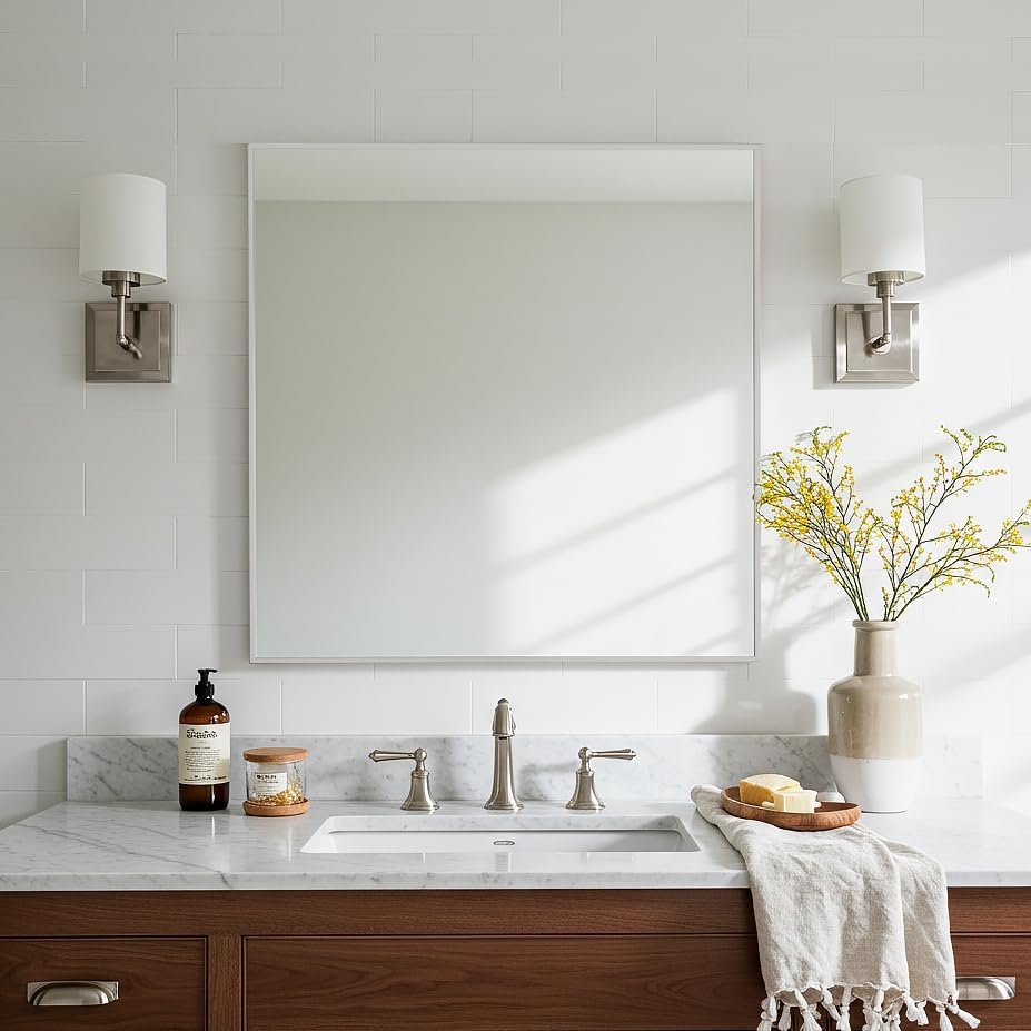 30x30 Inch Silver Bathroom Mirror - Copper-Free Mirror, Aluminum Alloy Frame Vanity Rectangle Wall Mounted Modern Mirror for Bedroom/Living Room/Porch Horizontal or Vertical