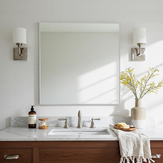 30x30 Inch Silver Bathroom Mirror - Copper-Free Mirror, Aluminum Alloy Frame Vanity Rectangle Wall Mounted Modern Mirror for Bedroom/Living Room/Porch Horizontal or Vertical