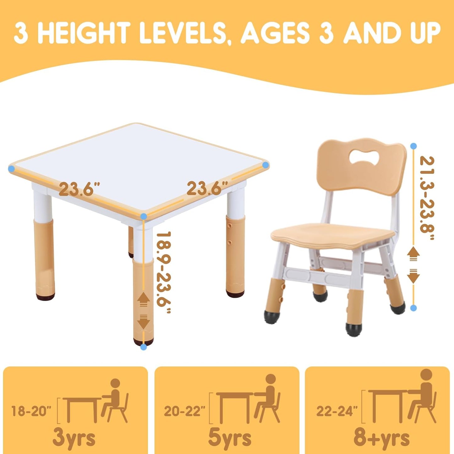 Kids Table & Chair Set with Adjustable Toddler-Safe Non-Slip Legs, Activity & Graffiti-Proof Desktop Ages 3-12