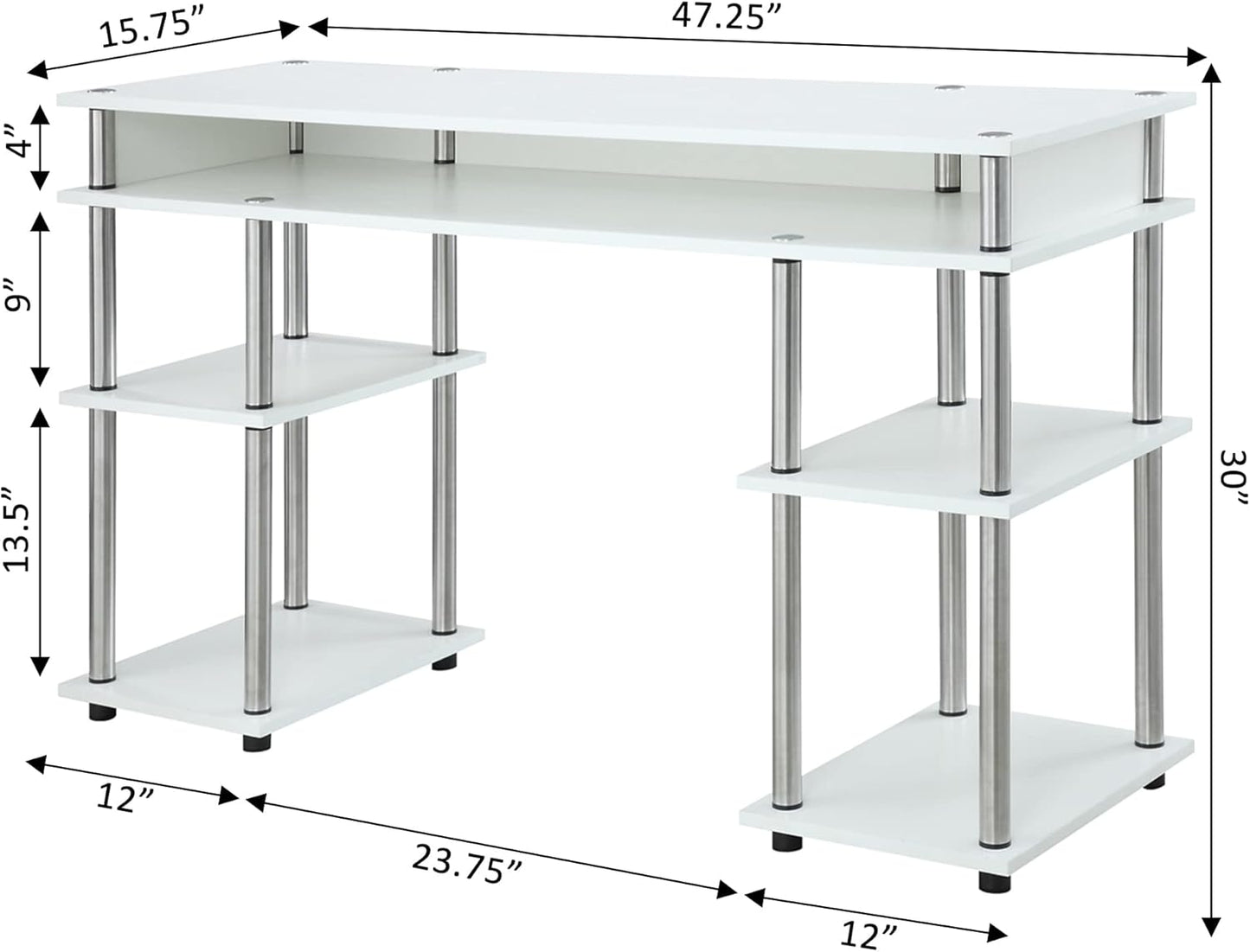 Convenience Concepts Designs2Go No Tools Student Desk 47.25" - Contemporary Office, Dorm Room Desk and Vanity with Storage Shelves, White