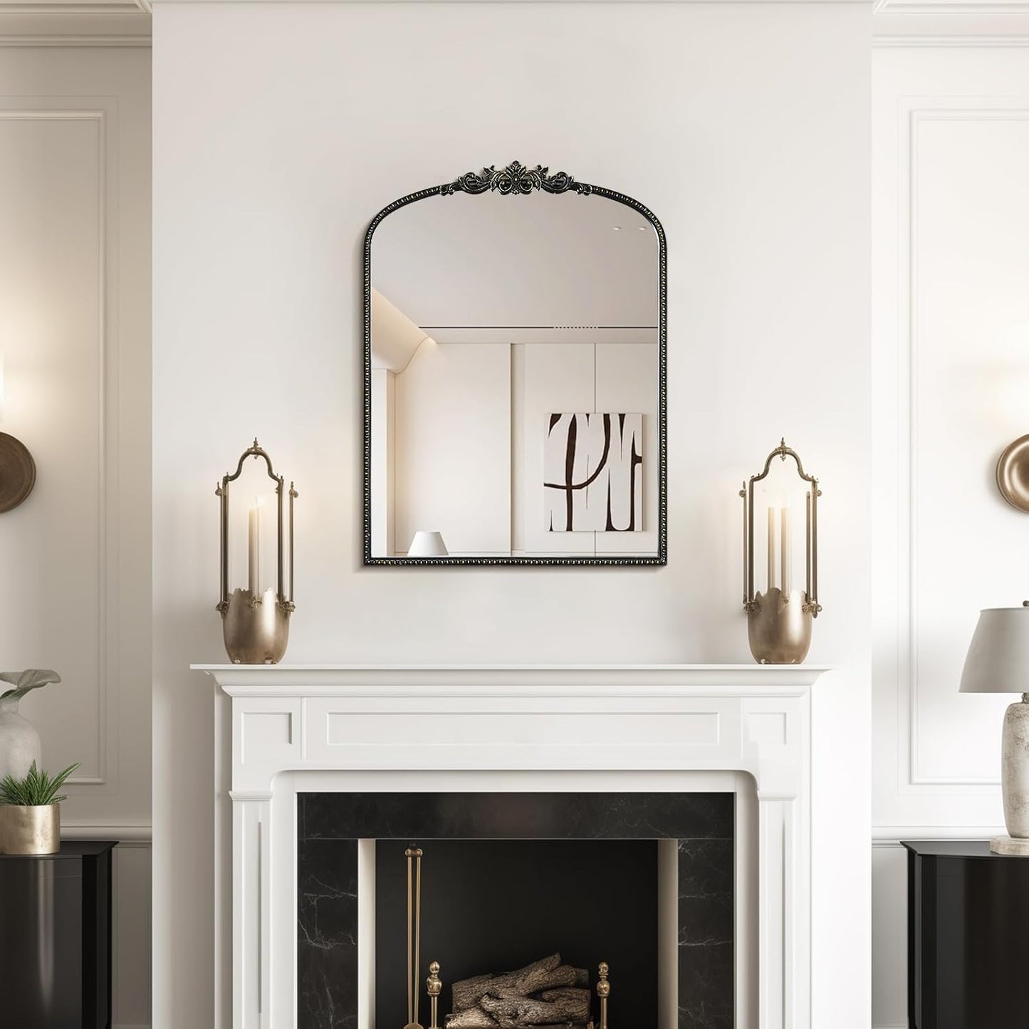 WallBeyond Gold Vintage Arched Wall Mirror, 24x32 Inch, Black Iron Frame, Bathroom, Living Room, Entryway