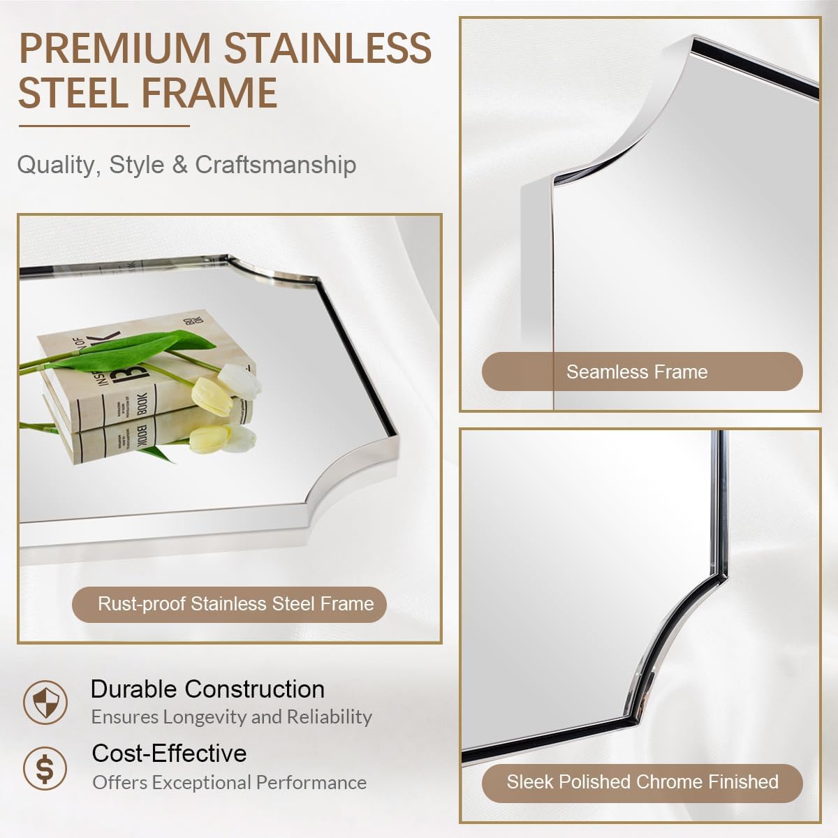 ANDY STAR 30x48 Inch Chrome Mirror, Large Scalloped Bathroom Mirror, Unique Rectangle Mirror with Rust-Proof Stainless Steel 1" Frame, Hangs Vertically or Horizontally