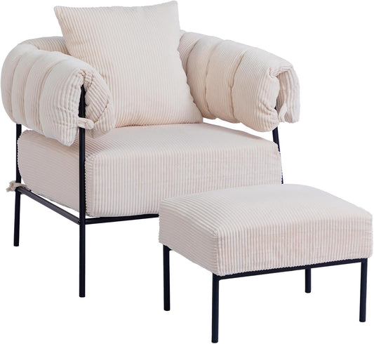 HollyHOME Modern Velvet Accent Chair with Ottoman, Upholstered Comfy Reading Chair and Footstool, Fabric Large Lazy Arm Chair and Stool, Lounge Sofa Chair for Living Room, Bedroom, Beige Chair&Stool