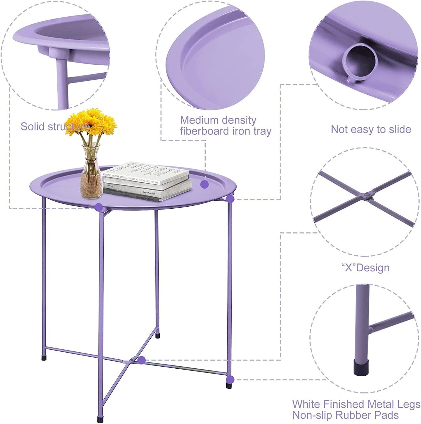Garden 4 you End Table 2 PCS Metal Side Table Purple Round Folding Tray Cyan Sofa Small Accent Fold-able Table, Round End Table Tray, Next to Sofa Table, Snack Table for Living Room and Bed Room