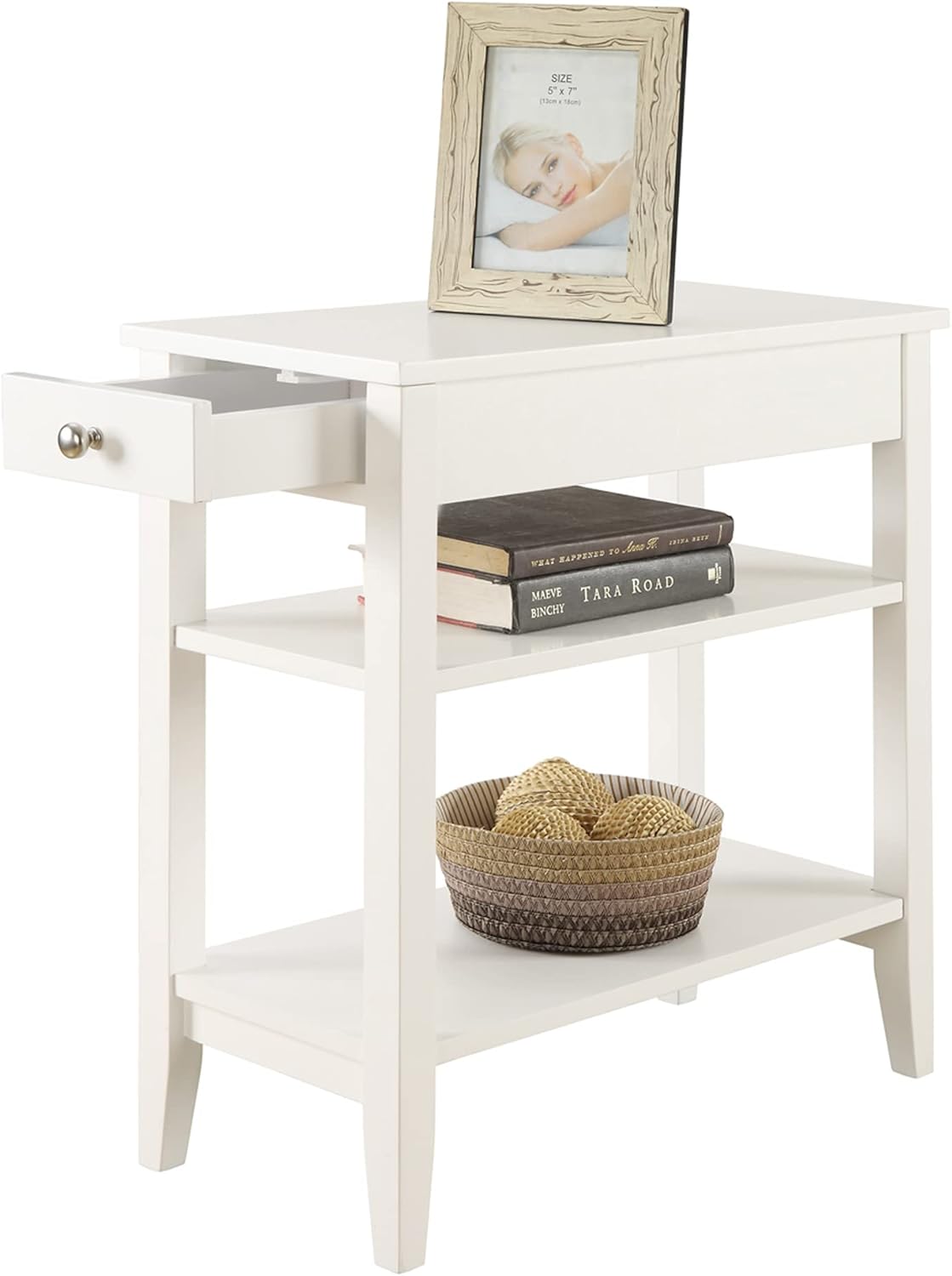 Convenience Concepts American Heritage Chairside End Table with Drawer 23.5" - Classic Living Room Table with Storage Shelf, Bedroom Nightstand, White