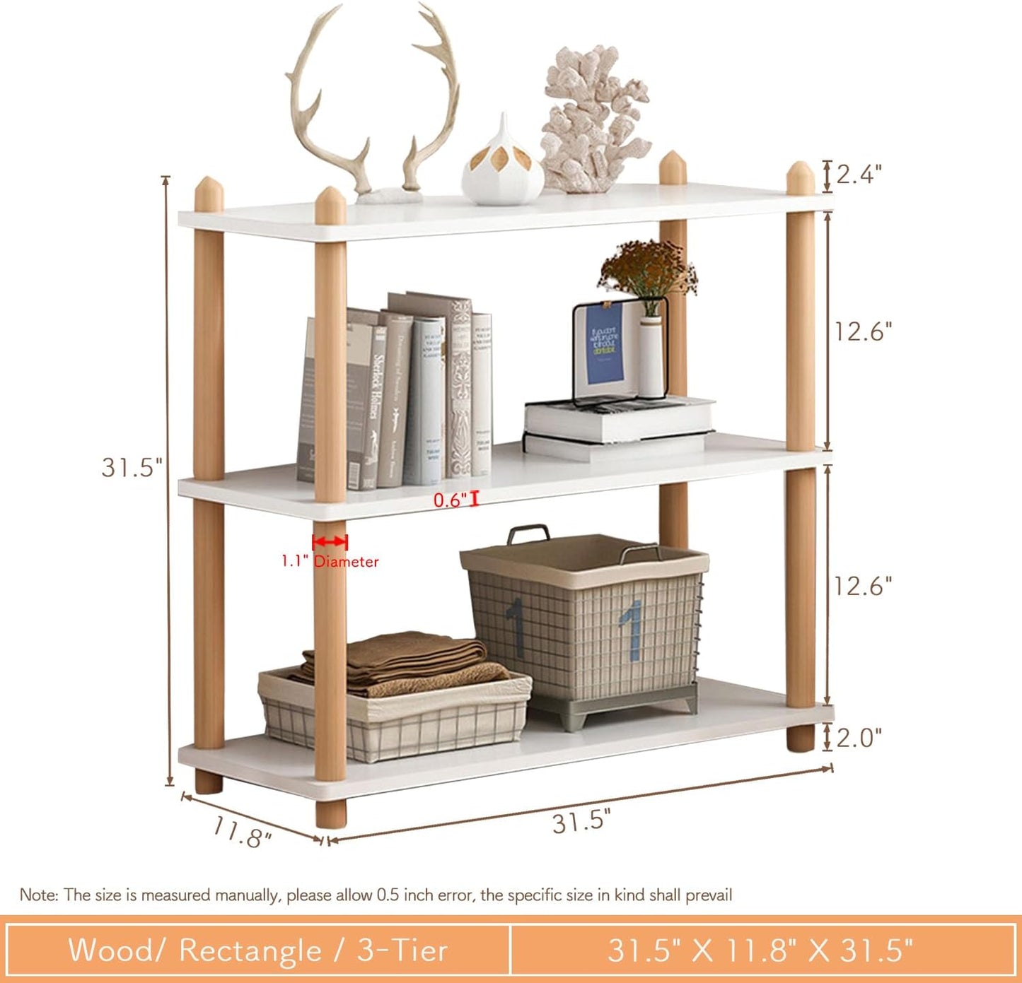 IOTXY 3-Tier Wooden Shelf Bookcase - Modern Open Bookshelf, Free Standing Storage Rack, Multifunctional Display Stand for Home and Office, White, Rectangle