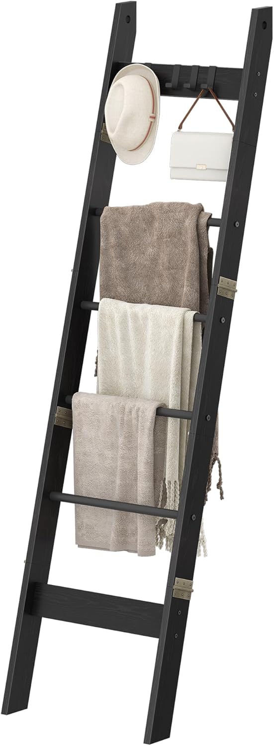 Blanket Ladder for Living Room, Decorative Quilt Rack with 4 Removable Hooks, 6-Tier Farmhouse Ladder Holder Shelf Organizer for Bedroom, Black BR31504B