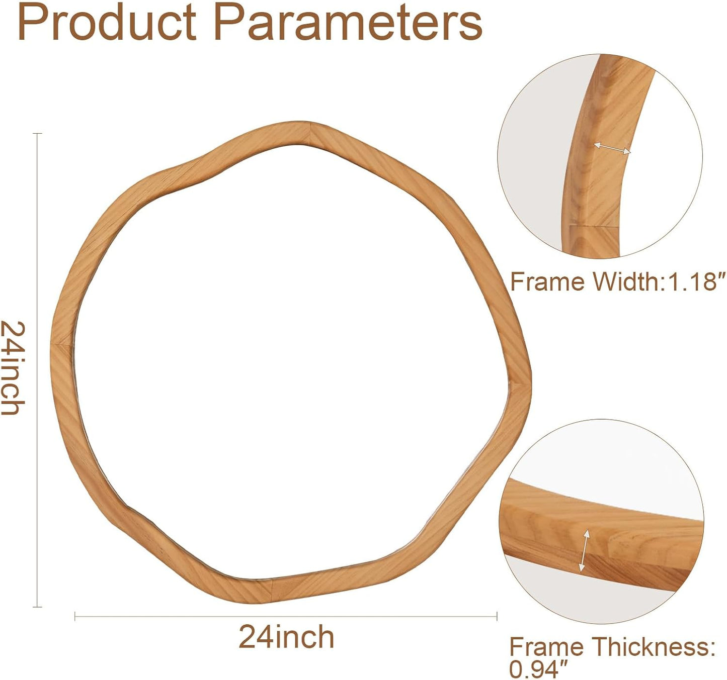 ULIKE Round Wood Mirror 24 Inch Circle Wall Mirror, Asymmetrical Bathroom Vanity Mirror with Wood Frame, Decorative Wall Mounted Mirror for Bedroom, Living Room, Entryway, Natural