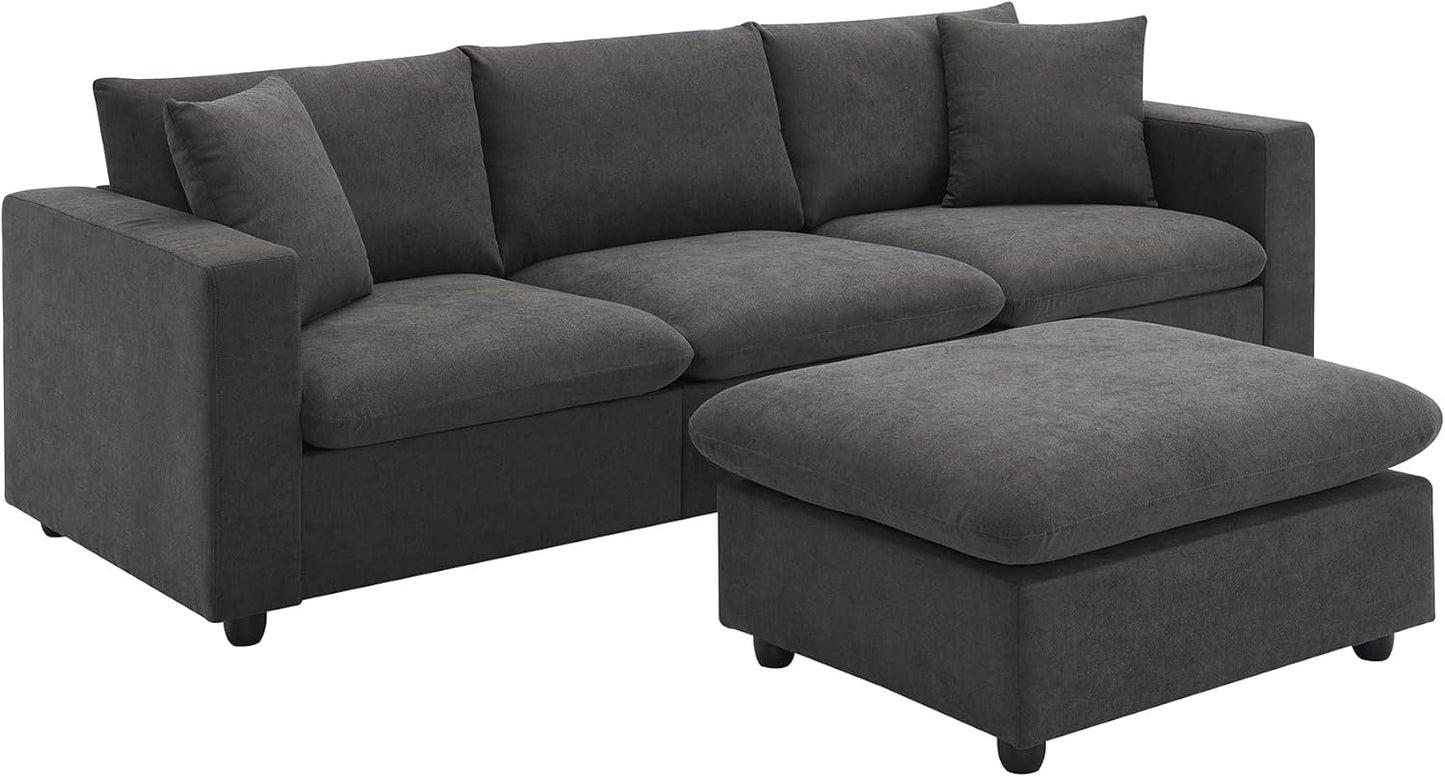 100" Modern Sectional Sofa with Convertible Ottoman,L-Shaped Couch Set W/ 2 Free Pillows,4-seat Polyester Fabric Indoor Luxury Furniture for Living Room, Apartment,Office,Dawn Grey