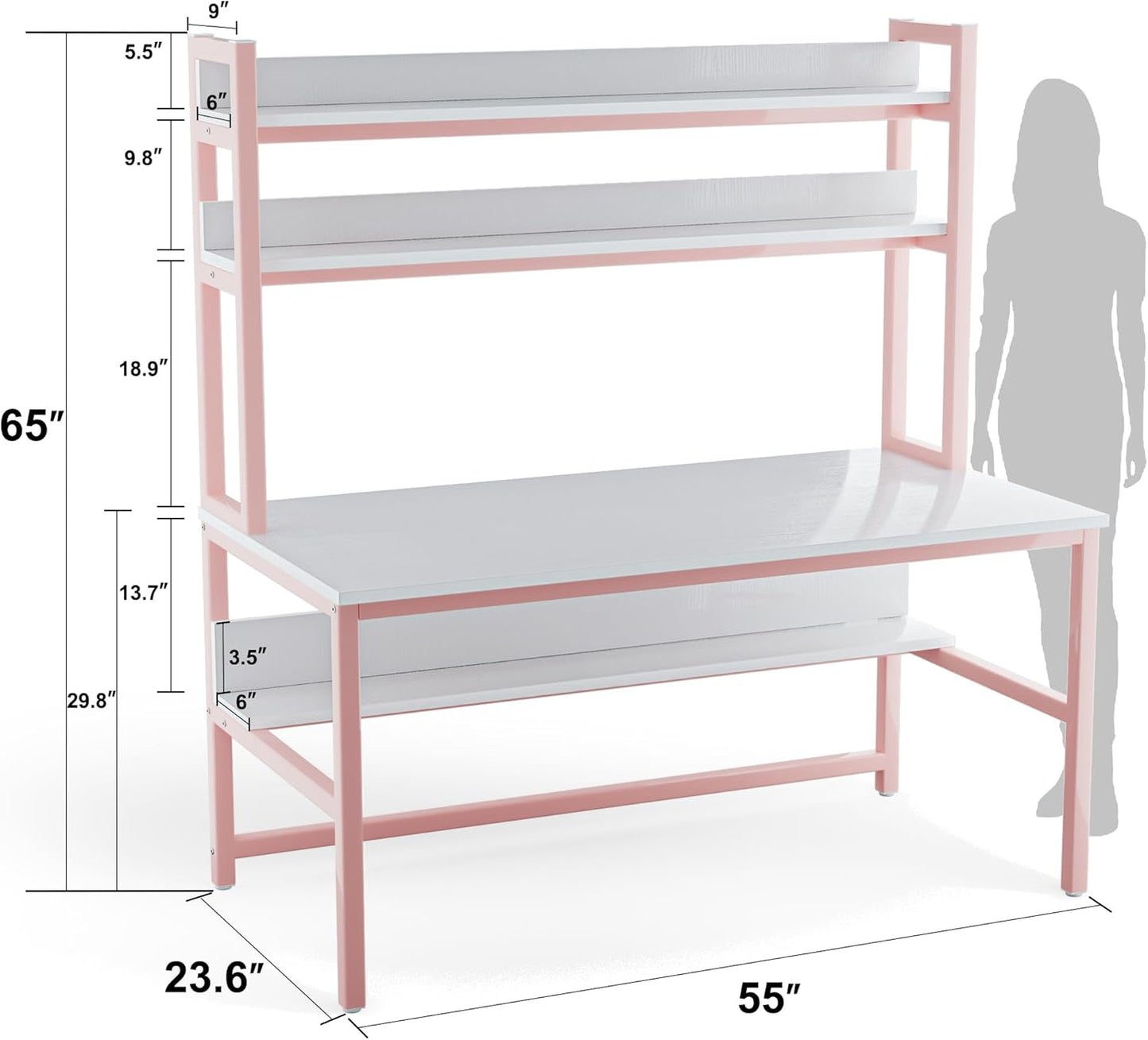 Aquzee Pink Desk with Hutch for Girls, 55in Computer Desk with Bookshelf for Teens Adults, Craft Table for Bedroom Kids Room, White Pink Study Table with Shelves for Storage