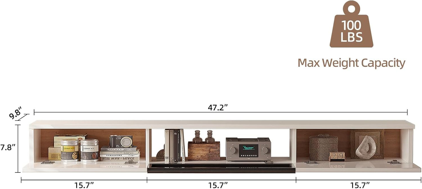 High Gloss Floating TV Stand,47'' Wall Mounted TV Console,Under TV Floating Shelf,Floating TV Cabinet with 3 Doors for Bedroom Living Room,White