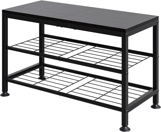 3-Tier Shoe Rack Bench - Entryway Organizer with Shoe Storage, Sturdy Shoe Shelf for Front Door, Small Space Saving Furniture, Black, Holds 286lbs,27.2" x 12.0" x 15.9"