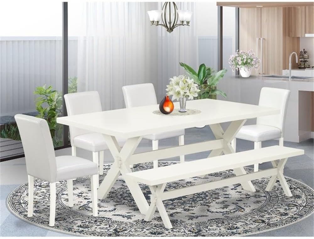 East West Furniture X027AB264-6 6 Piece Dining Table Set Contains a Rectangle Kitchen Table with X-Legs and 4 White Faux Leather Upholstered Chairs with a Bench, 40x72 Inch, Multi-Color