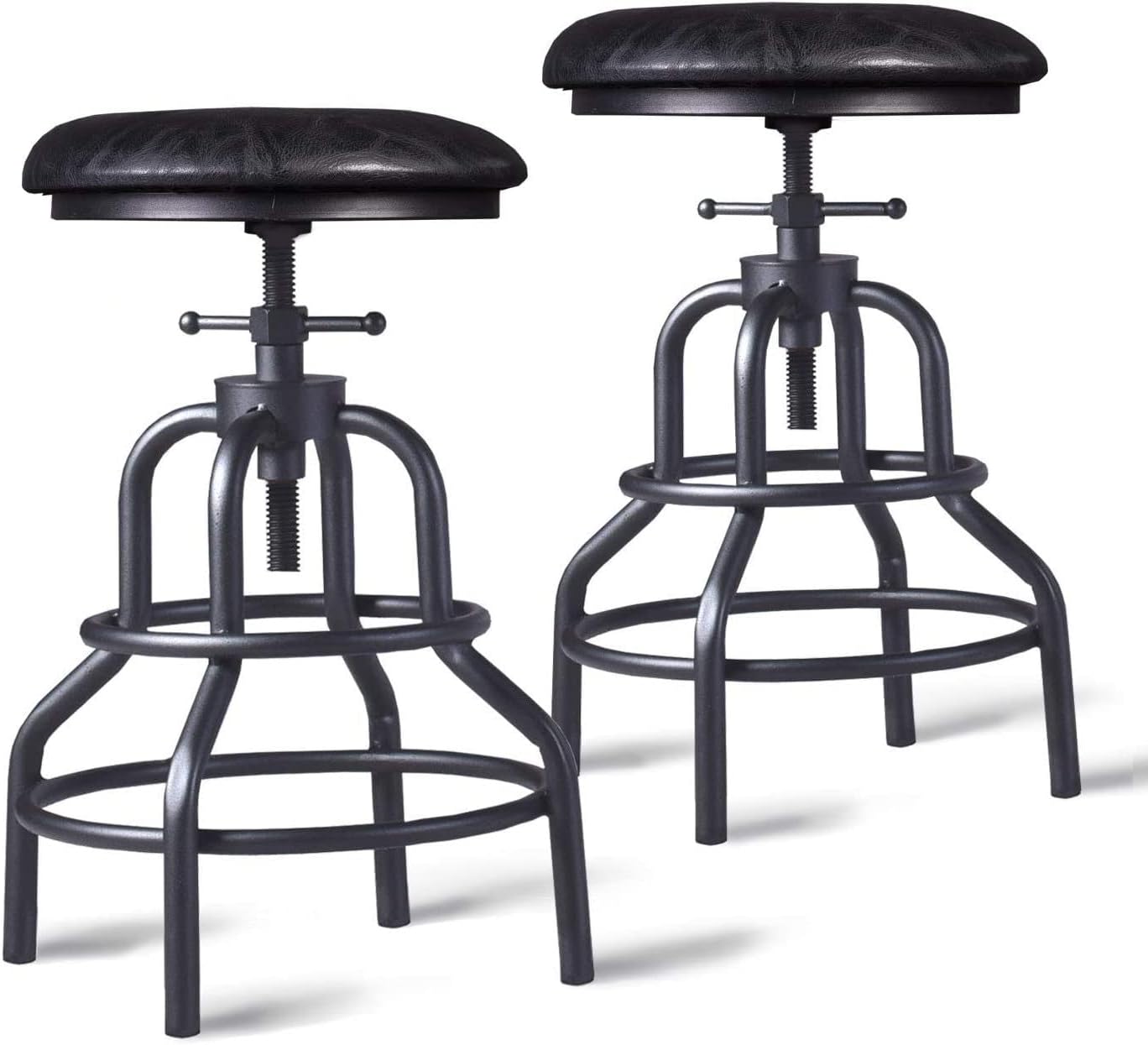 Diwhy Industrial Vintage Counter Stool, Kitchen Counter Height Adjustable Swivel Chair, Metal Frame Stool, 20.47-26.77 Inch, Fully Welded Base, Black PU Upholstered, Set of 2