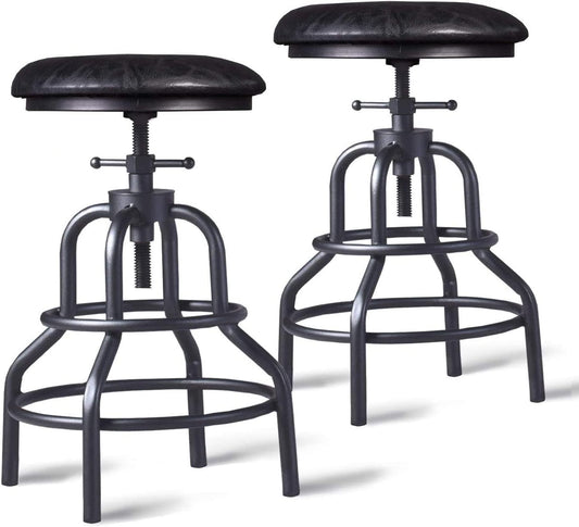Diwhy Industrial Vintage Counter Stool, Kitchen Counter Height Adjustable Swivel Chair, Metal Frame Stool, 20.47-26.77 Inch, Fully Welded Base, Black PU Upholstered, Set of 2