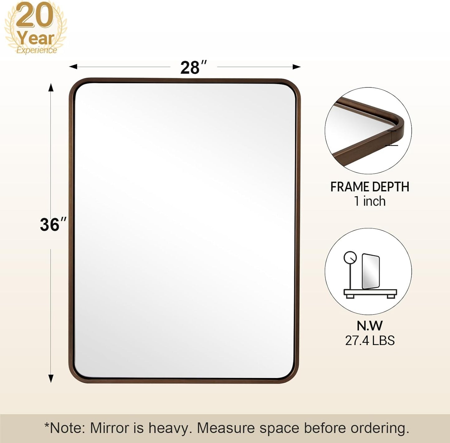 ANDY STAR 28x36 INCH Bronze Bathroom Mirror, Rounded Rectangle Oil Rubbed Bronze Mirrors for Bathroom,Tube Metal Framed, 1’’ Deep Wall Mounted Vertically/Horizontal