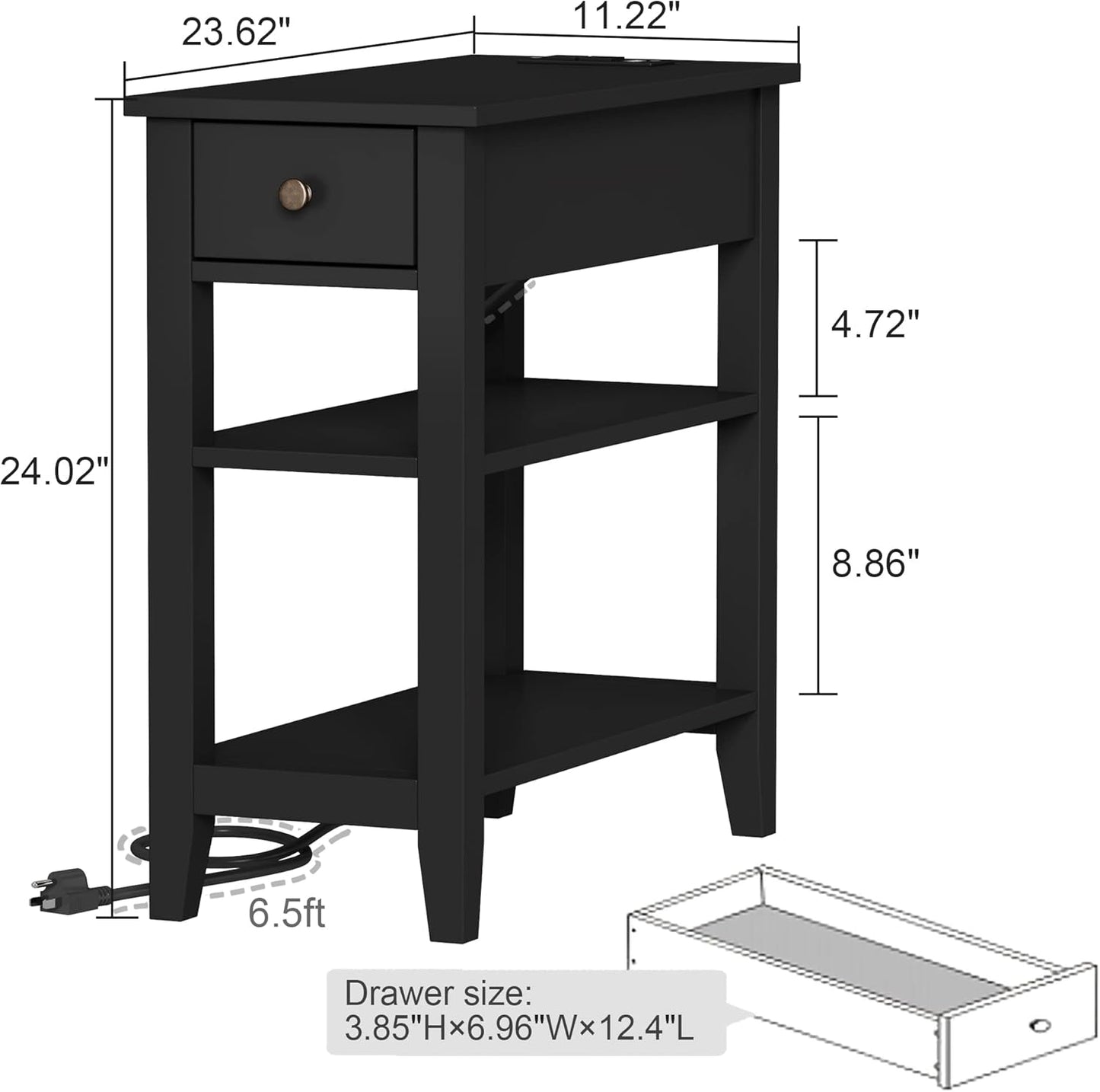 ChooChoo Narrow End Table with Charging Station, Side Table Living Room with USB Ports & Power Outlets and Hidden Drawer, 3-Tier Skinny Nightstand with 2 Open Storage Shelves for Small Place (Black)