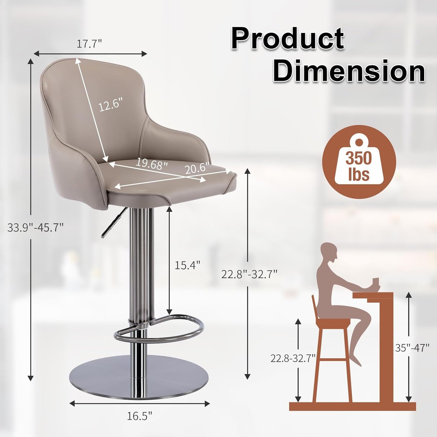 CozyRain Bar Stools Adjustable Stainless Steel Swivel Barstool with Back and Footrest,Modern Leather Upholstered Bar Chairs for Home,Kitchen,Bar, Counter Brown/Grey (Grey)
