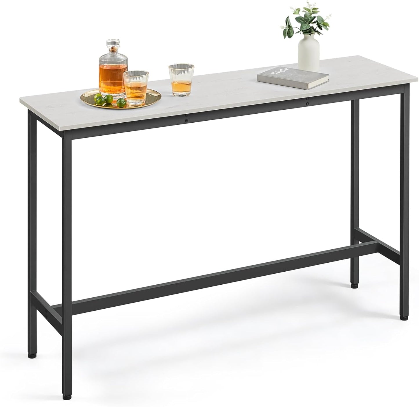 VASAGLE Bar Table, Narrow Long Kitchen Dining Table, Sturdy Metal Frame, Industrial, 15.7 x 55.1 x 35.4 Inches, Rustic White and Ink Black ULBT140B73