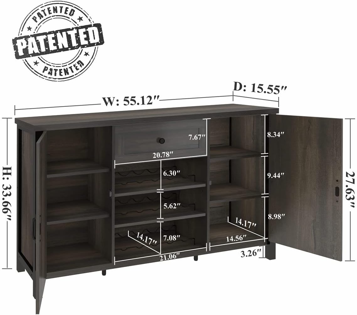 FATORRI Industrial Coffee Bar Cabinet with Drawer and Wine Rack, Sideboard Buffet Storage Cabinet with Door, Farmhouse Credenza Cupboard for Kitchen (Walnut Brown)