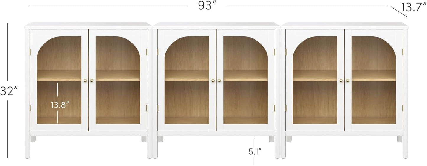 Nathan James Mason Wood Storage Cabinet Accent Sideboard Buffet Credenza TV Stand with Glass Doors and Adjustable Shelf for Dining Room, Entryway or Living Room, Clear Glass/White/Light Oak, Set of 3