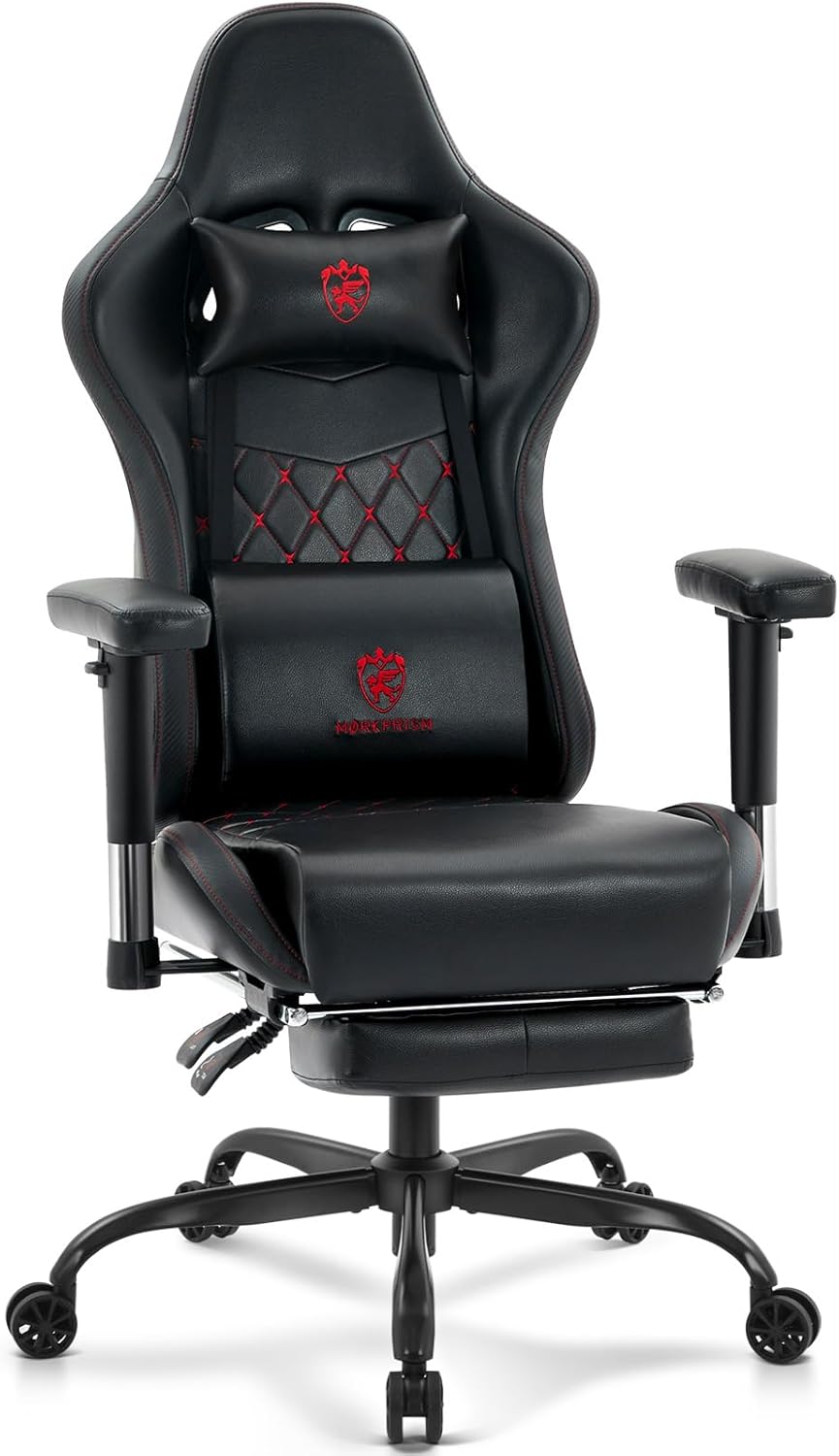 Gaming Chair,Computer Office Chair with Footrest,Massage Lumbar Support and Gel Pad,Ergonomic Reclining Leather Gamer Chair with Headrest,Adjustable Armrests and Spring Cushion Black Red