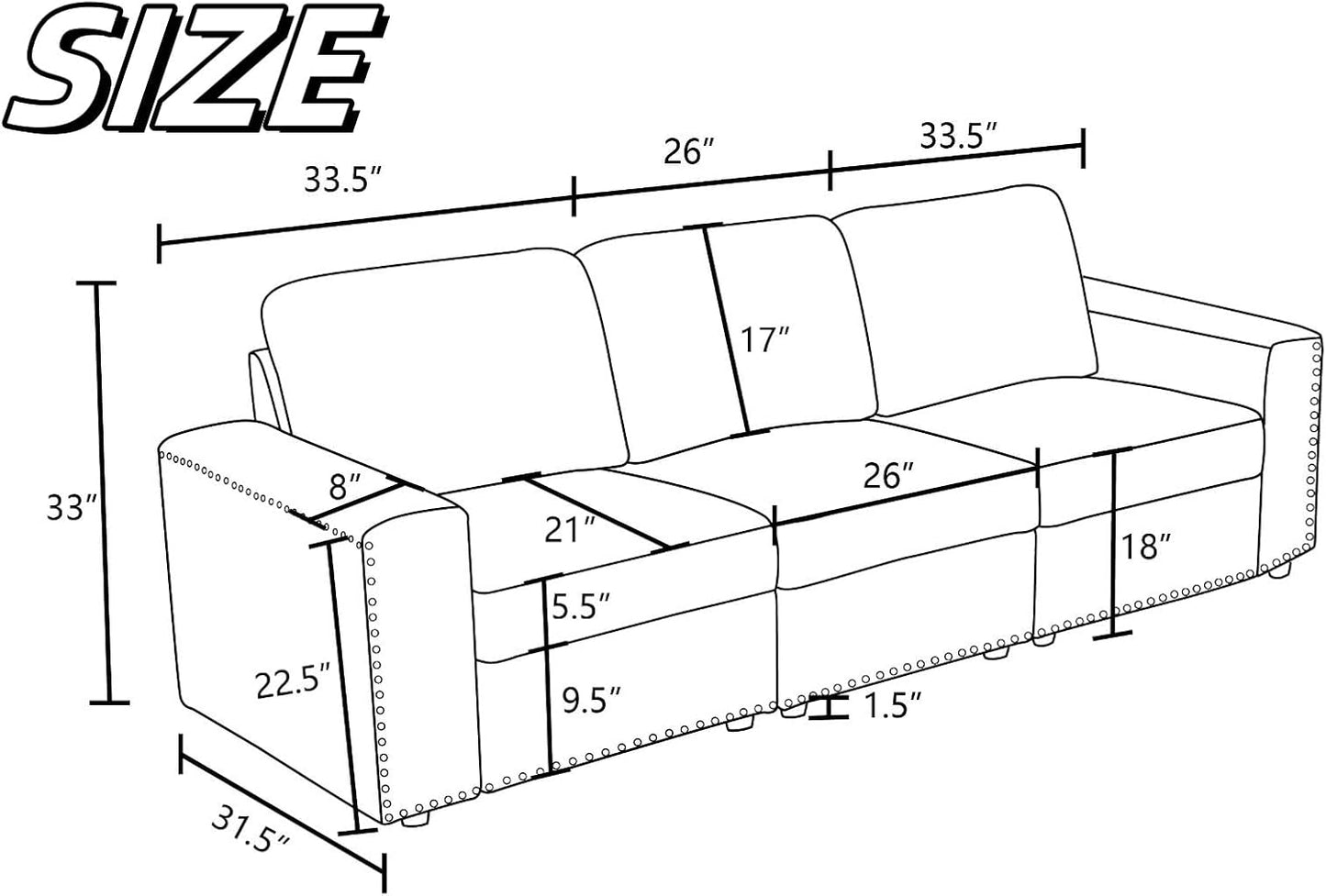Sectional Couches for Living Room, 93″ Nail-Head Cloud Couches, Modern Comfy 3 Seater Sectional Sofa with Deep Seats for Bedroom, Office, Small Space, Brown