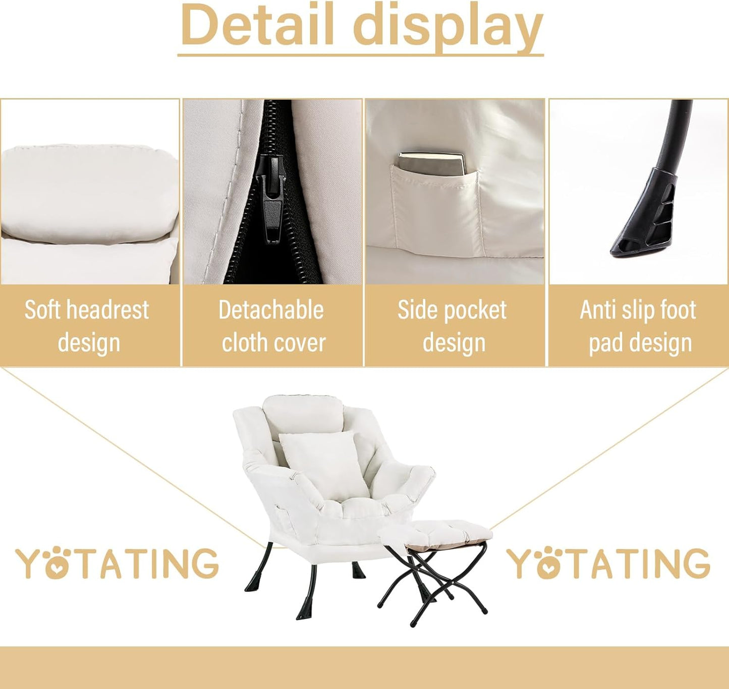 Lazy Chair with Ottoman, Comfy Reading Lounge Chair with Footstool & Throw Pillow Modern with Armrests & Side Pocket for Living Room, Bedroom, Dorm Room, Beige