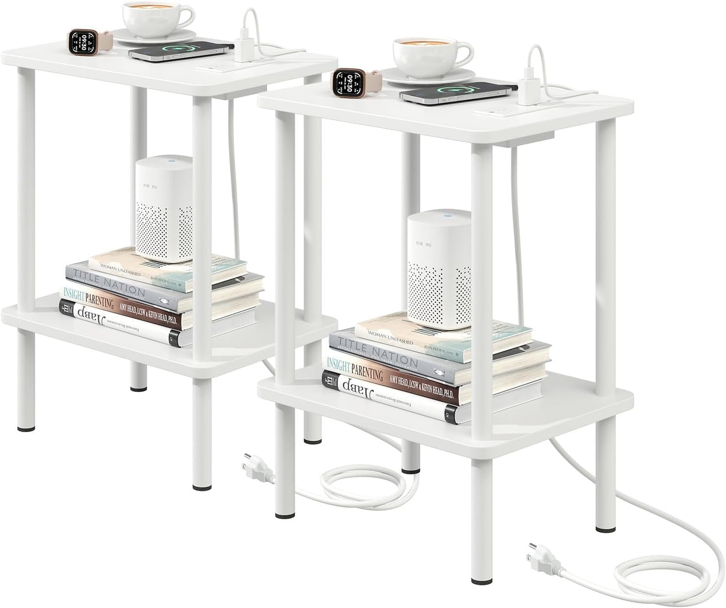 Apicizon 2 Tier End Table Set of 2, Small Side Table with Charging Station, Boho Bedside Table with USB Ports and Outlets, Nightstand for Small Spaces, Bedroom, Living Room, Easy Assembly, White